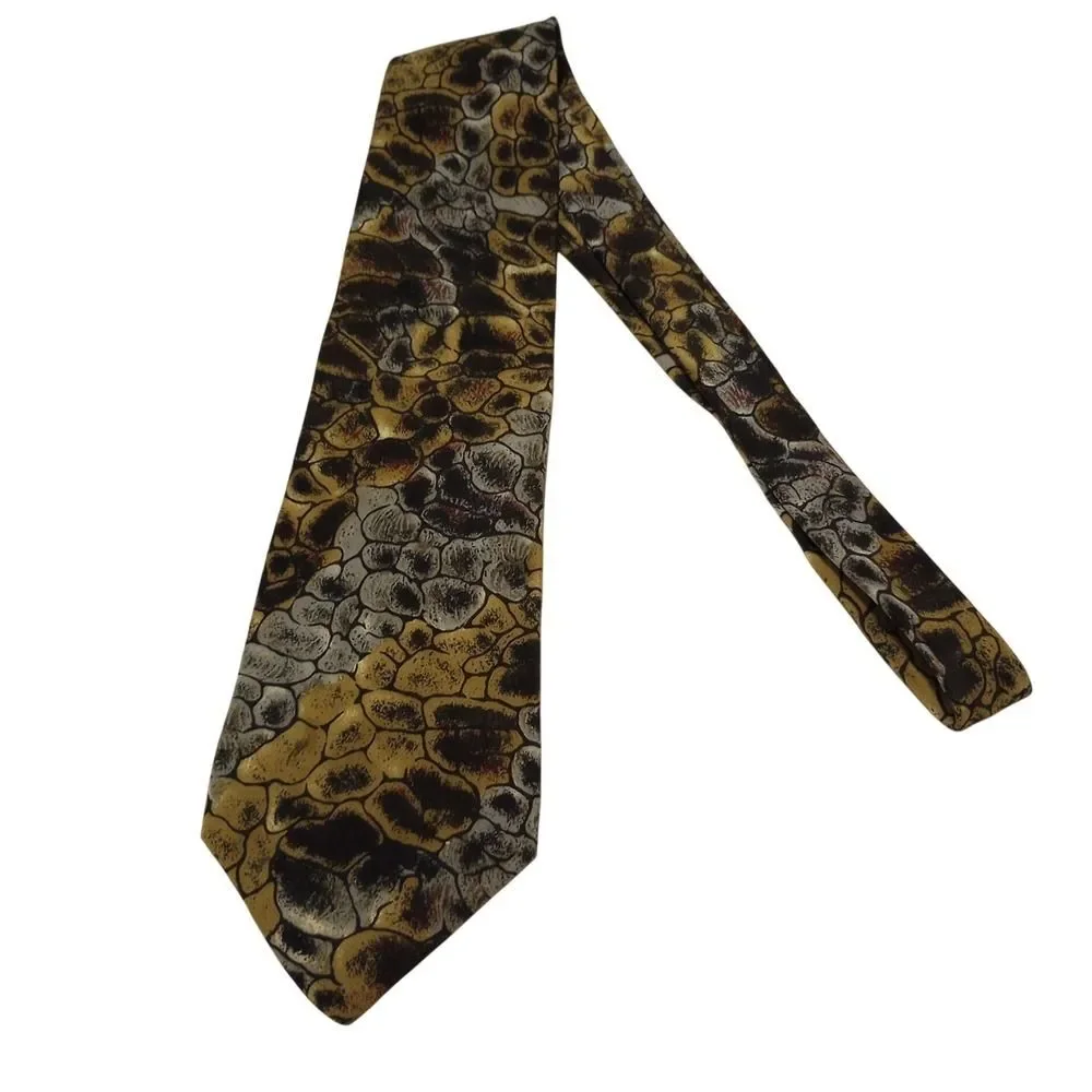 Enrico Coveri Mens Silk Tie Gold Grey Abstract Pebble Print Hand‎ Made in Italy